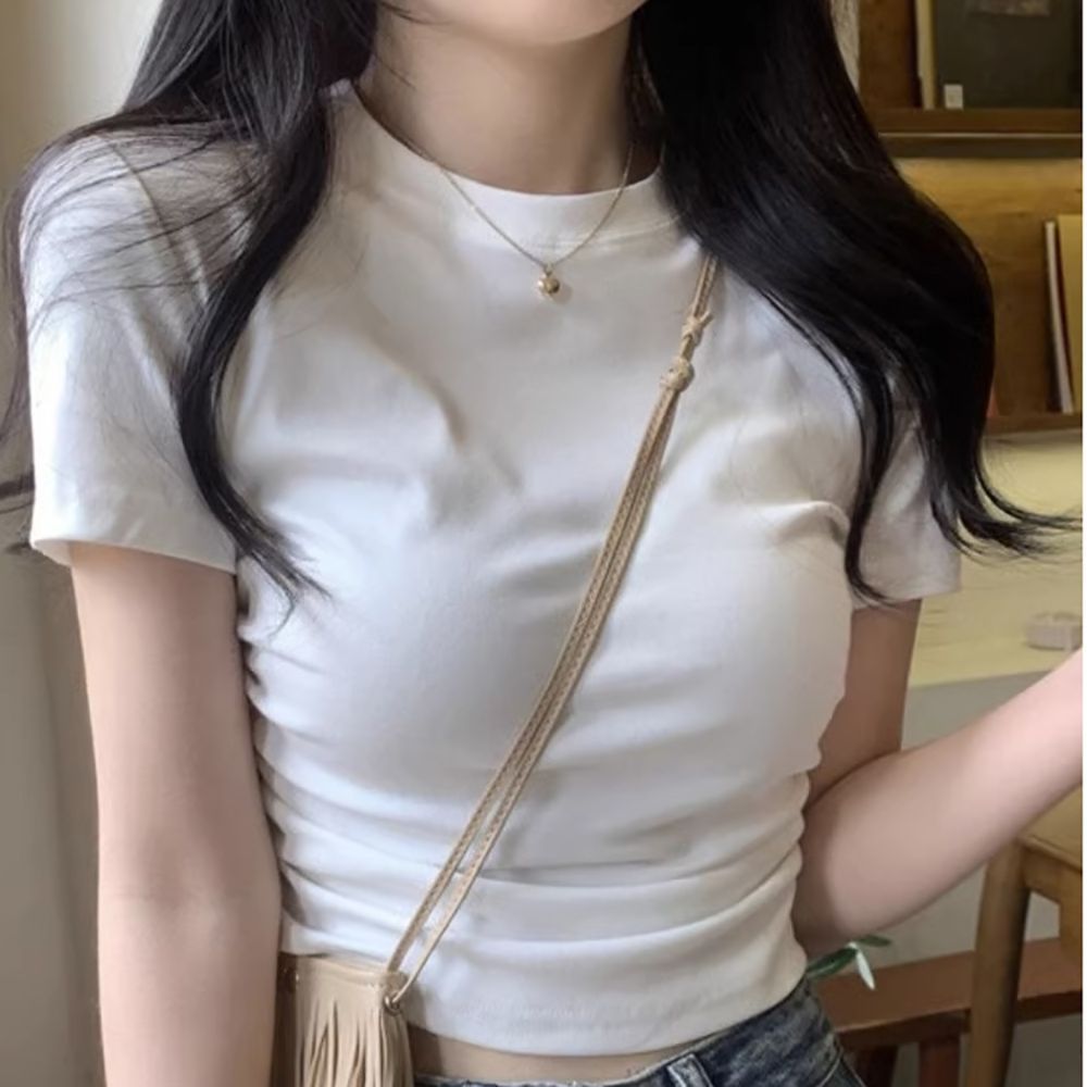 純欲短袖t恤女2024新款夏季設計感修身顯瘦純色短款褶皺上衣ins
