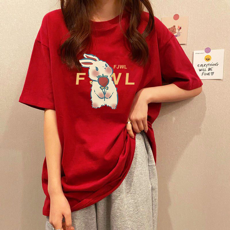 純棉紅色短袖T恤女春夏季新年款寬鬆顯瘦休閒百搭中長款遮肉上衣
