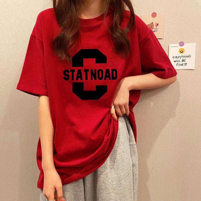 純棉紅色短袖T恤女春夏季新年款寬鬆顯瘦休閒百搭中長款遮肉上衣