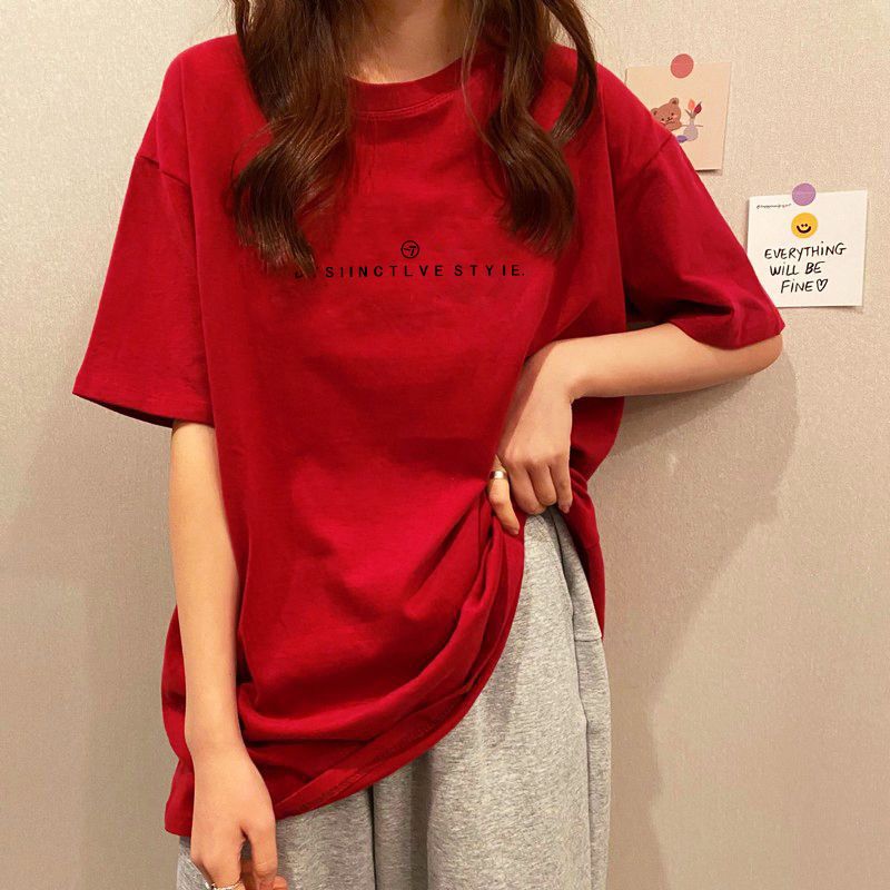 純棉紅色短袖T恤女春夏季新年款寬鬆顯瘦休閒百搭中長款遮肉上衣