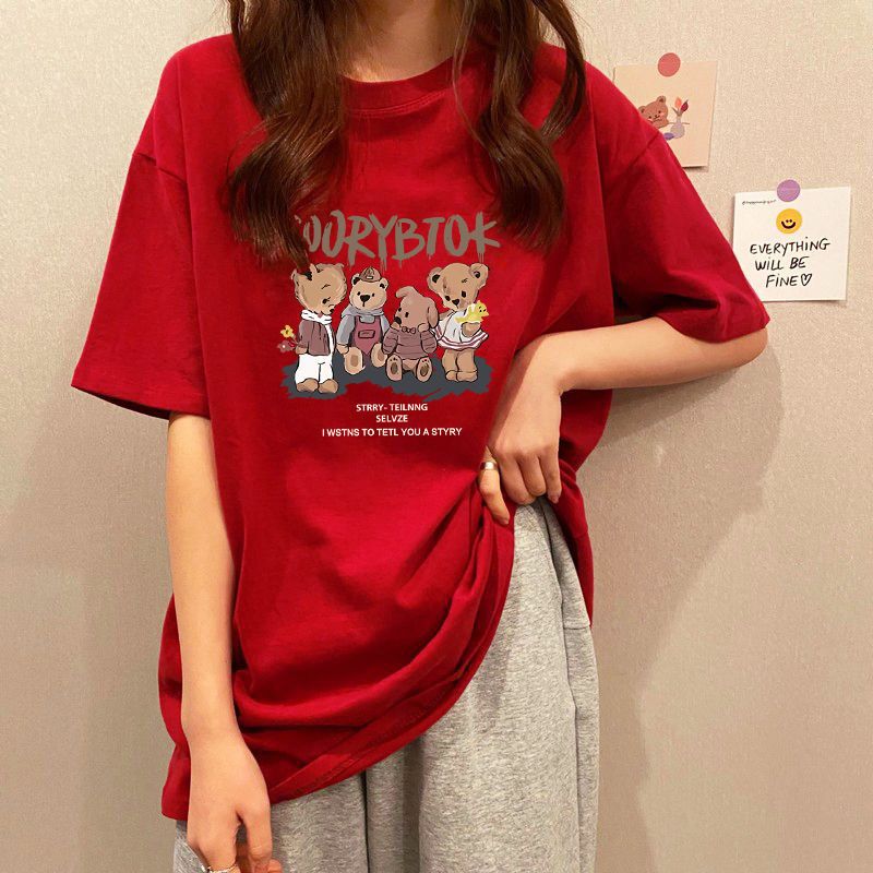 純棉紅色短袖T恤女春夏季新年款寬鬆顯瘦休閒百搭中長款遮肉上衣