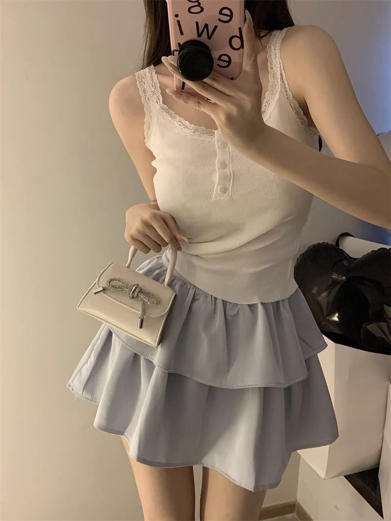 美拉德吊帶背心女外穿打底純欲黑色蕾絲邊性感辣妹上衣