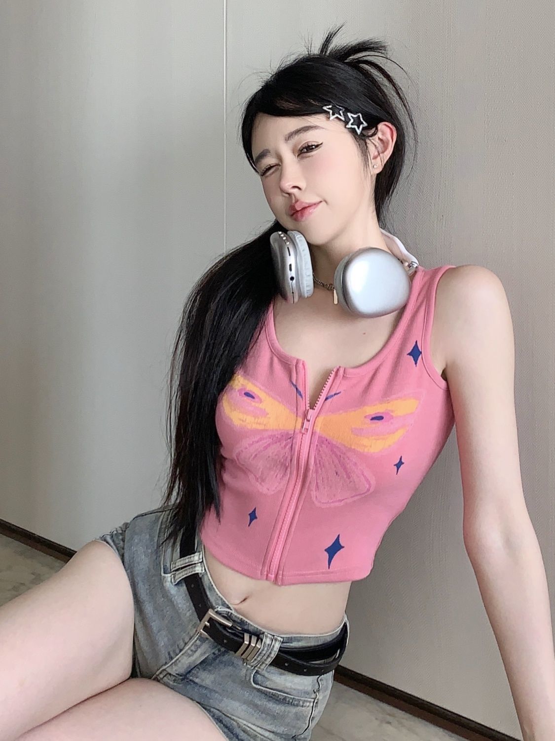 美式性感蝴蝶手繪塗鴉吊帶背心女夏外穿短款內搭辣妹無袖拉鏈上衣