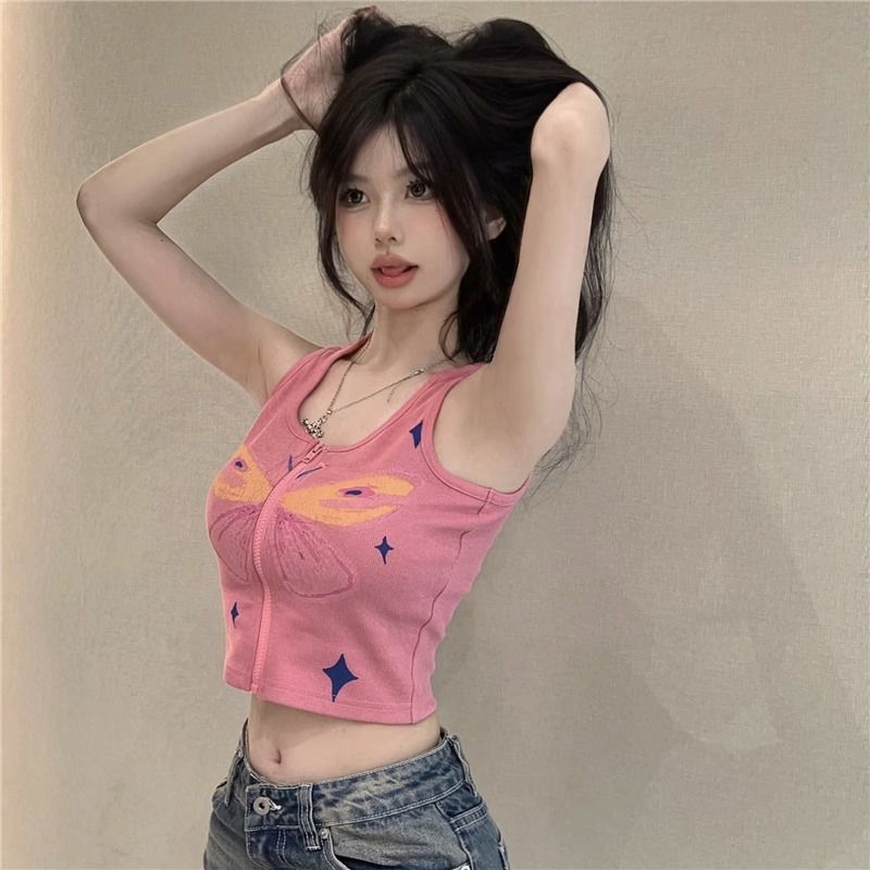 美式性感蝴蝶手繪塗鴉吊帶背心女夏外穿短款內搭辣妹無袖拉鏈上衣