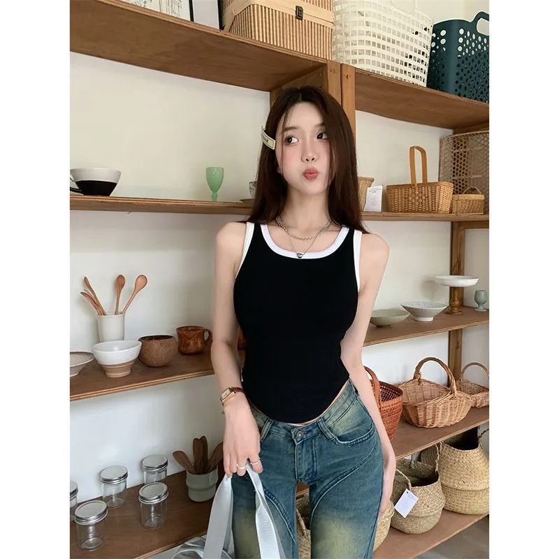 純欲辣妹撞色小吊帶女夏季修身顯瘦內搭外穿短款無袖背心百搭上衣