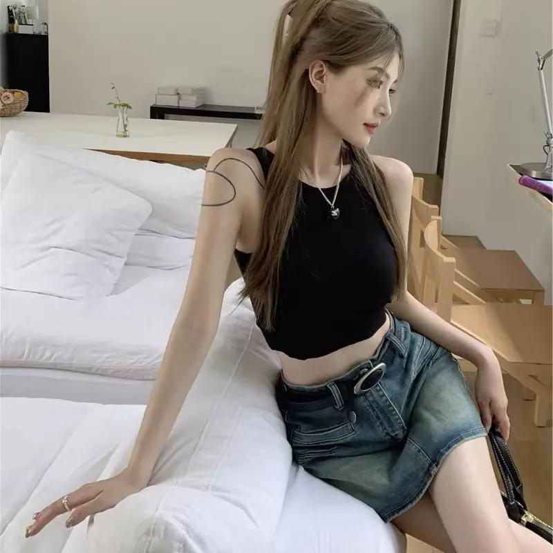 辣妹鏤空露背工字小背心女夏無袖緊身黑色打底衫內搭短款上衣外穿