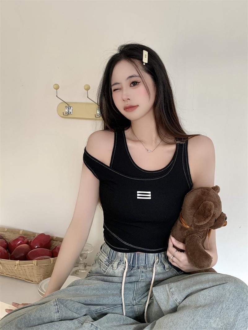 新款假兩件壓明線短款吊帶背心女夏新設計感甜辣妹性感美背上衣潮