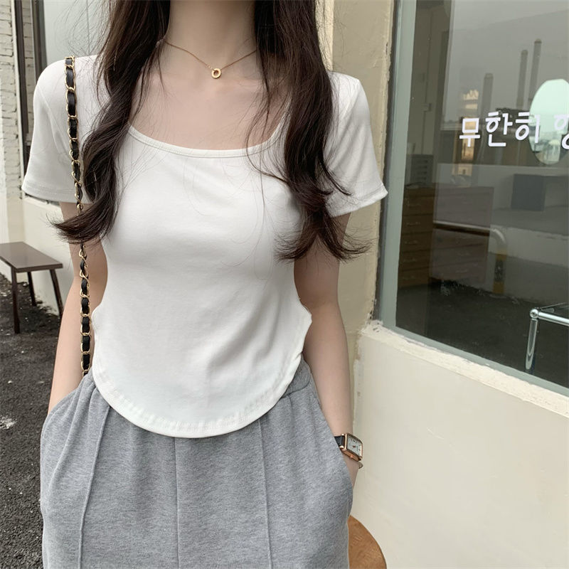 纯欲辣妹U领短袖黑白色T恤女夏季新款设计感小众修身上衣