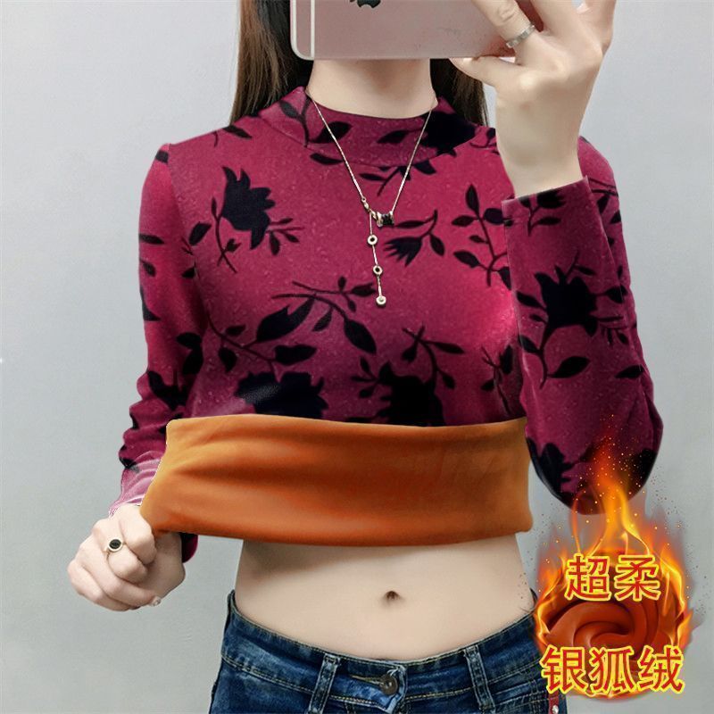 Super soft all-in-one velvet plus velvet thickened warm half turtleneck bottoming shirt for women's winter new style belly-covering slimming top