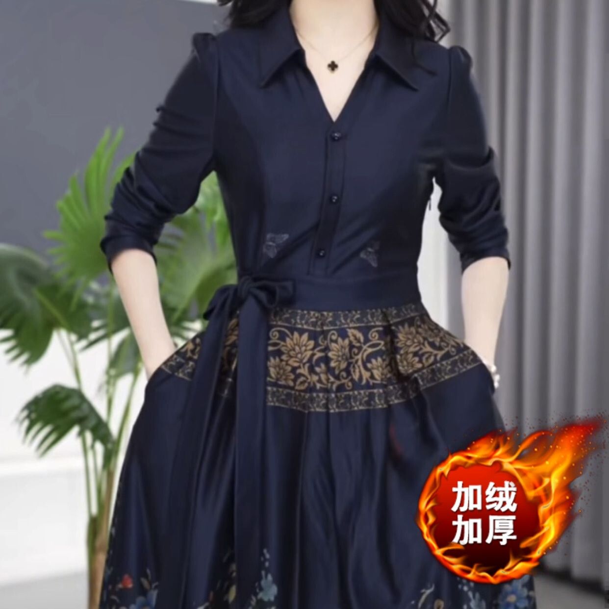 七彩琉璃絲連衣裙加絨加厚2024新款女裝春季高檔國風顯瘦氣質裙子
