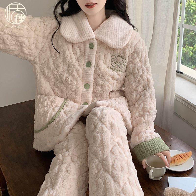 珊瑚絨三層夾棉睡衣女士冬款加絨加厚冬季法蘭絨保暖可外穿家居服
