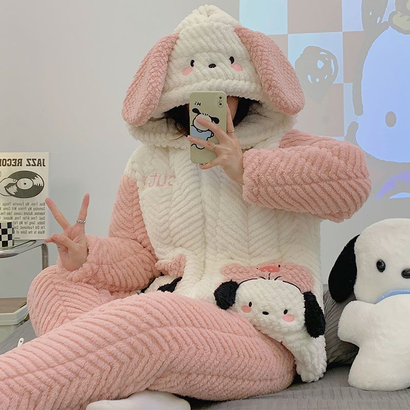 三層夾棉連帽睡衣女冬季法蘭絨加厚保暖家居服可愛珊瑚絨睡衣套裝