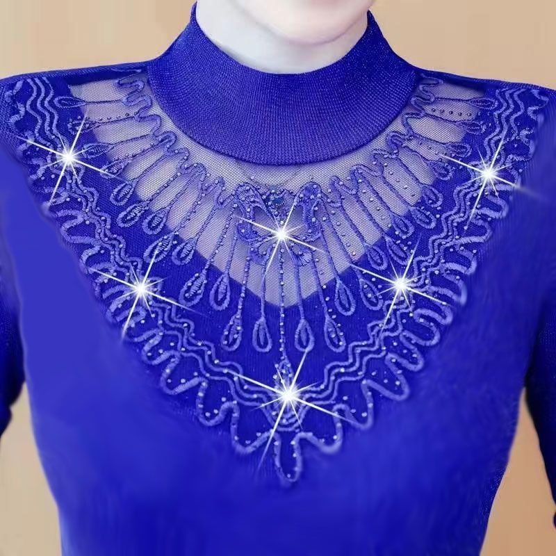 Velvet thickening bottoming shirt women's long-sleeved mesh T-shirt women's small shirt 2023 autumn and winter new warm lace top