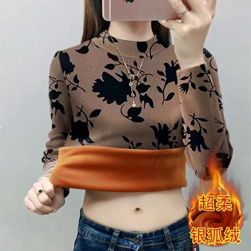超柔一體絨加絨加厚保暖半高領打底衫女冬裝新款遮肚顯瘦大碼上衣