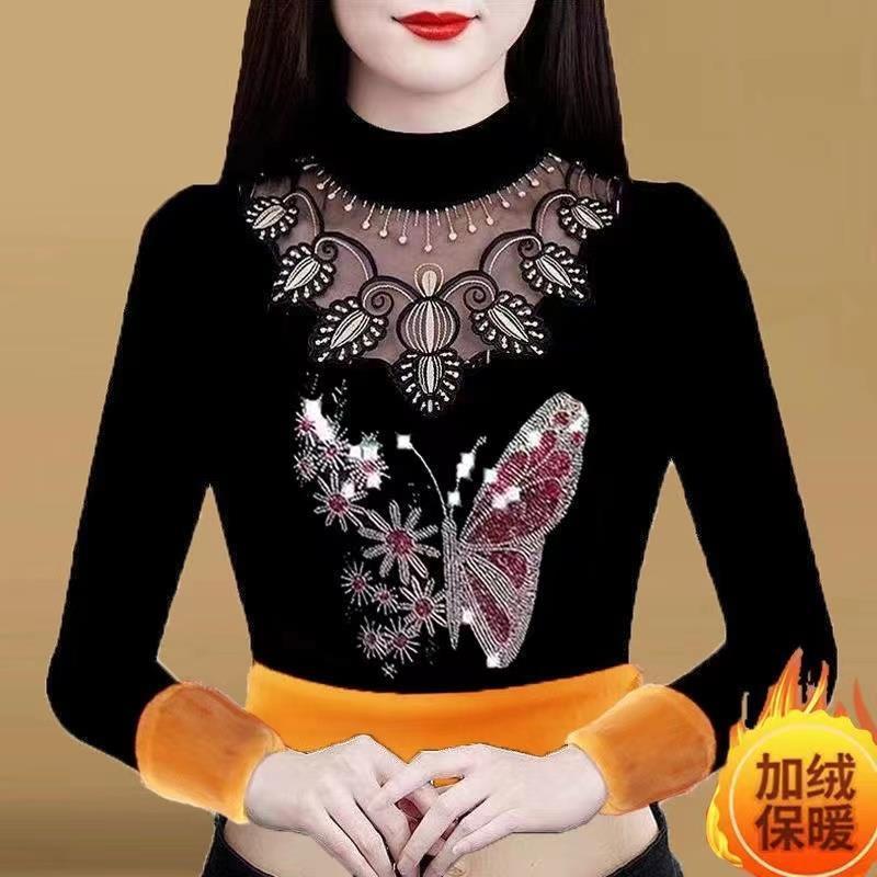 Gold armor plus velvet thickened lace diamond bottoming shirt women's long-sleeved 2023 autumn and winter new large size bottoming shirt top