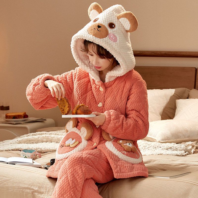 三层夹棉连帽睡衣女士冬季新款珊瑚绒卡通可爱加绒保暖家居服套装