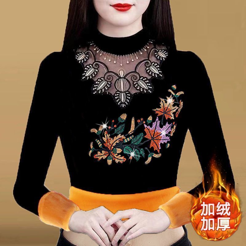 中老年秋裝 媽媽半高領拼接蕾絲鑲鑽長袖一體絨修身顯瘦洋氣女裝
