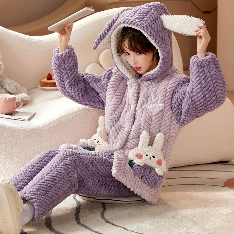 冬季新款三層夾棉連帽睡衣女士珊瑚絨卡通可愛加絨保暖家居服套裝