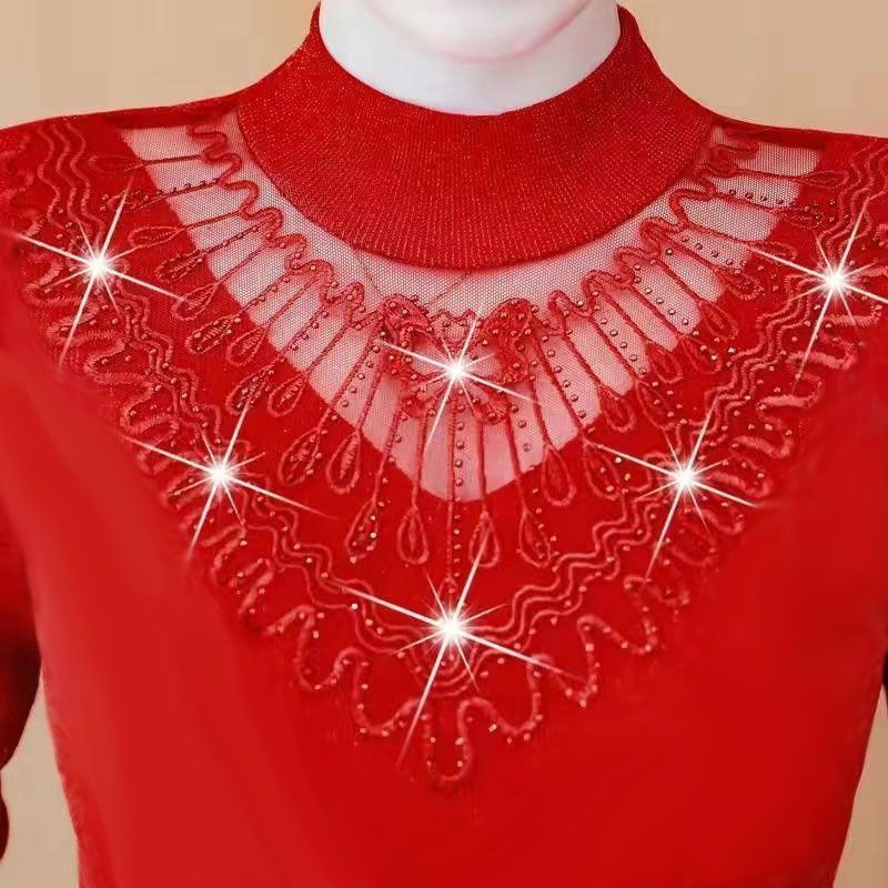 Velvet and thickened 2023 autumn and winter new mesh bottoming shirt for women, long-sleeved T-shirt, lace inner top, small shirt