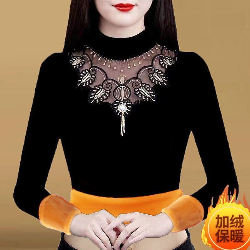 加絨加厚蕾絲鑲鑽打底衫女長袖黃金甲2023秋冬季新款大碼鏤空上衣