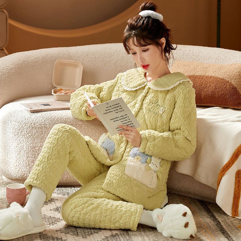 三层加厚夹棉睡衣女士冬季珊瑚绒卡通可爱保暖韩版睡衣套装家居服