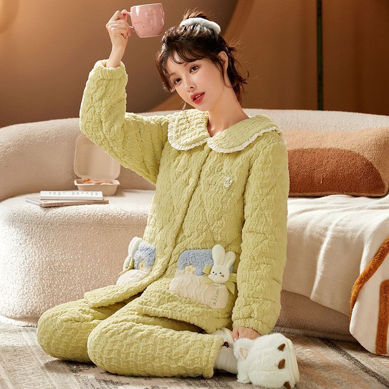 三层加厚夹棉睡衣女士冬季珊瑚绒卡通可爱保暖韩版睡衣套装家居服