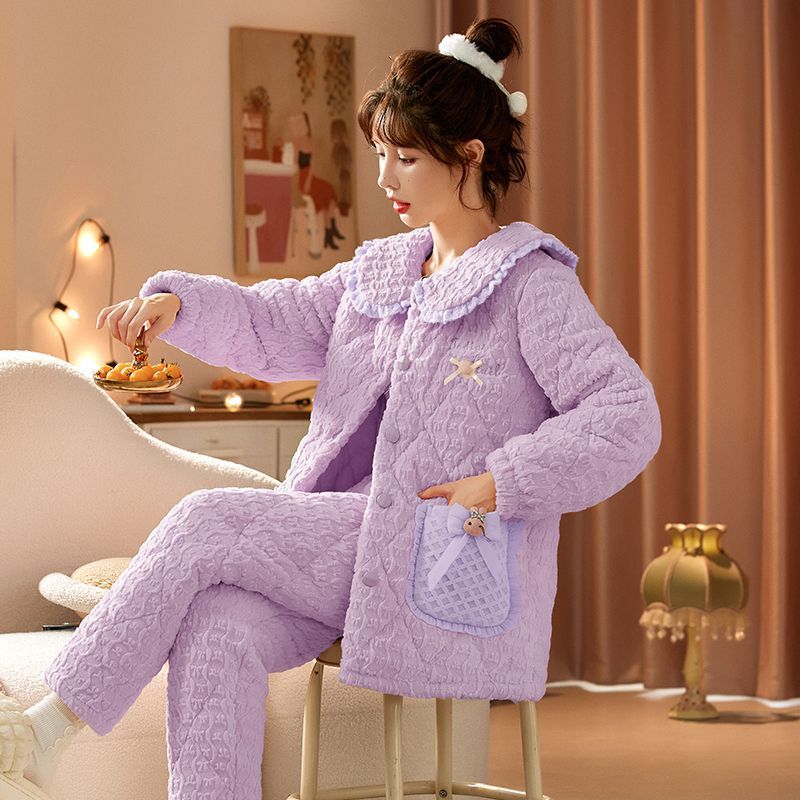 睡衣女秋冬季珊瑚絨三層加厚夾棉襖保暖法蘭絨加絨可愛家居服套裝