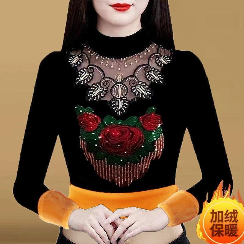 Gold armor plus velvet thickened lace diamond bottoming shirt women's long-sleeved 2023 autumn and winter new large size bottoming shirt top