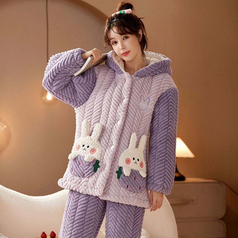 冬季新款三层夹棉连帽睡衣女士珊瑚绒卡通可爱加绒保暖家居服套装