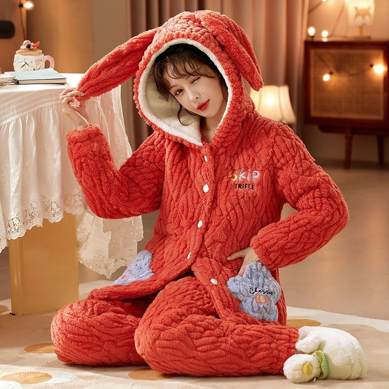 珊瑚絨大紅連帽睡衣女冬季新款三層加厚夾棉法蘭絨保暖家居服套裝