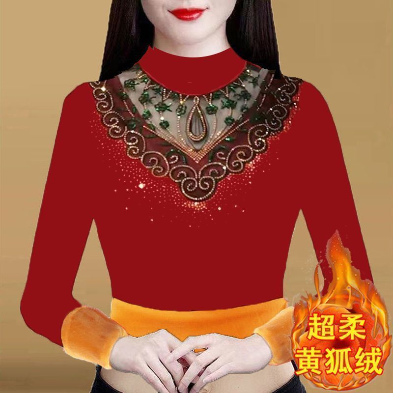 Autumn and winter new red tops for the year of birth, new thickened velvet, half-high collar, long-sleeved, belly-covering, slimming bottoming shirts for middle-aged and elderly people