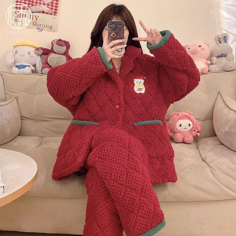本命年喜慶睡衣女冬季三層加厚夾棉珊瑚絨法蘭絨保暖大紅色家居服
