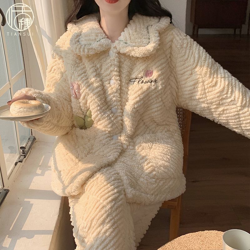 三層加厚睡衣女款冬季保暖珊瑚絨夾棉2023年新款法蘭絨家居服套裝