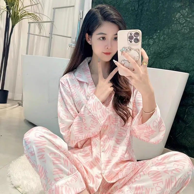新款睡衣女春秋冰絲綢薄款長袖長褲網紅氣質時尚可外穿家居服套裝