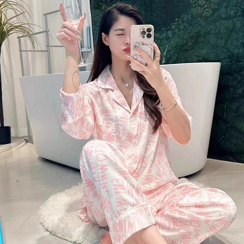 春秋季高級感睡衣女新款長袖網紅爆款冰絲大碼輕奢氣質家居服套裝