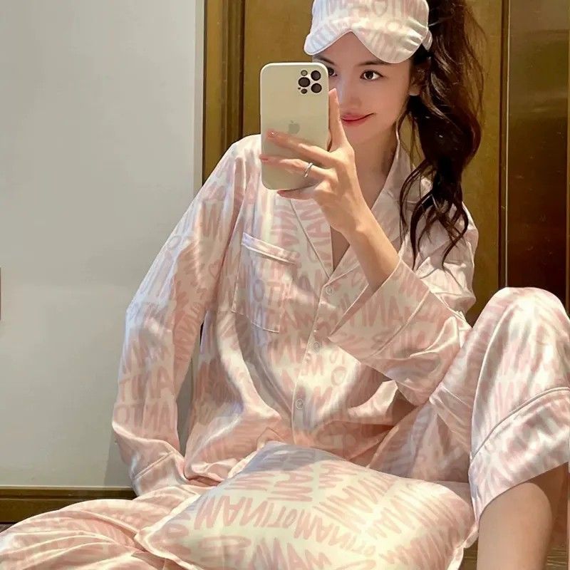 新款睡衣女春秋款冰絲長袖高級感可外出穿休閒薄款夏季家居服套裝