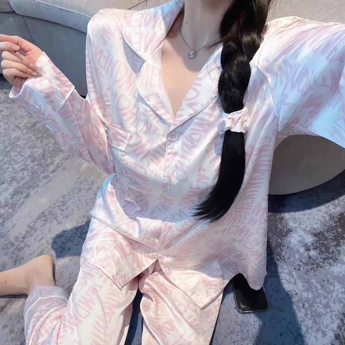 2024年新款春秋季睡衣女高級感冰絲薄款休閒時尚家居服套裝可外穿
