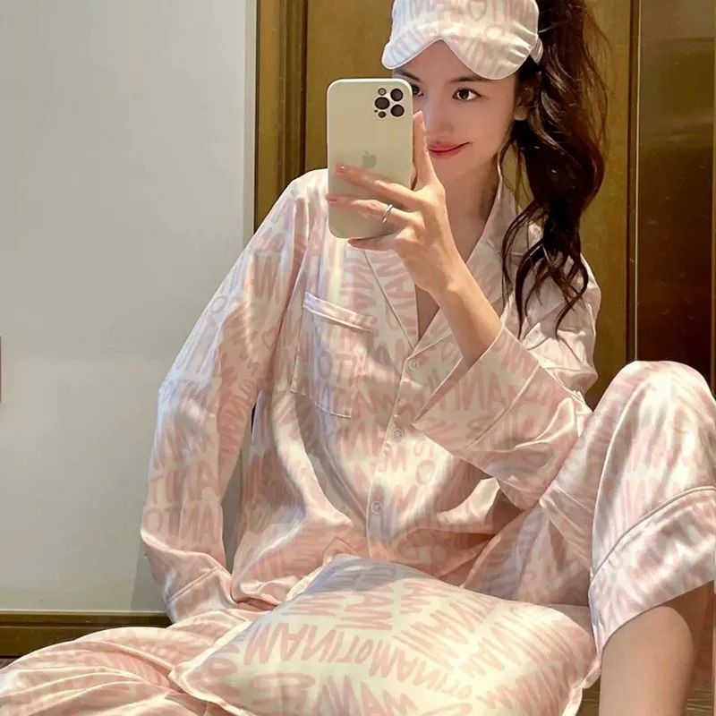 2024新款睡衣女春秋冰絲高級感寬鬆秋款長袖長褲家居服套裝可外穿