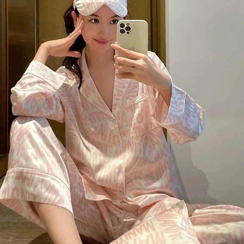 高級感冰絲睡衣女春秋夏季甜美長袖長褲兩件套女士ins家居服套裝