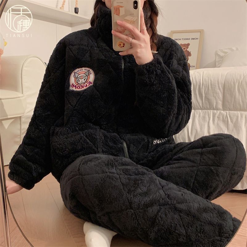 睡衣女冬季三層加厚珊瑚絨夾棉加絨保暖新款拉鏈法蘭絨家居服套裝