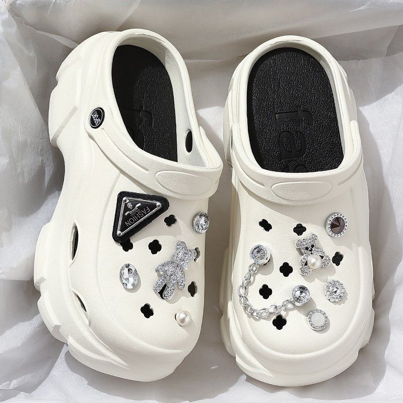 Women's Croc Shoes Summer Thick Sole Increased Outerwear Baotou Slippers Pearl Rhinestone Casual Beach Shoes Platform Non-Slip Sandals