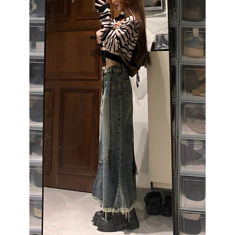 Retro fishtail denim skirt women's new summer high-waisted loose-fitting covering the flesh and slimming raw edge A-line hip skirt