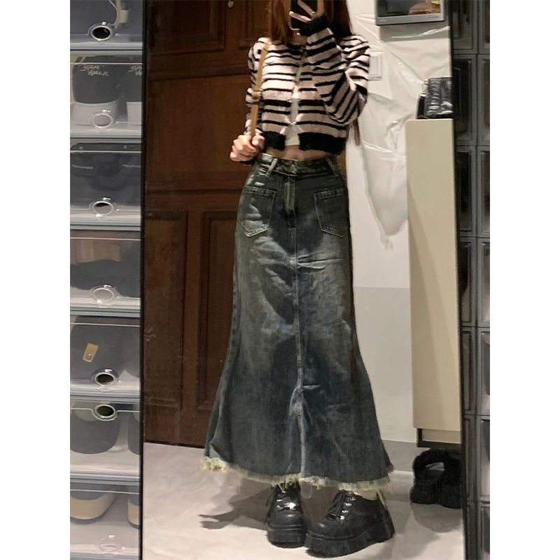 Retro fishtail denim skirt women's new summer high-waisted loose-fitting covering the flesh and slimming raw edge A-line hip skirt