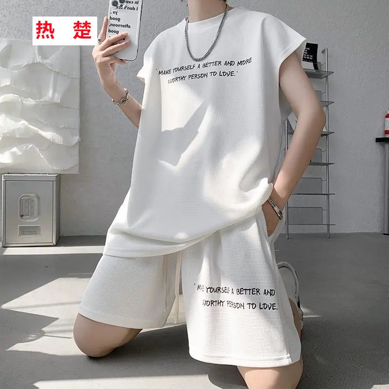 夏季新款大码男士运动服套装华夫格无袖背心t恤百搭休闲两件套12