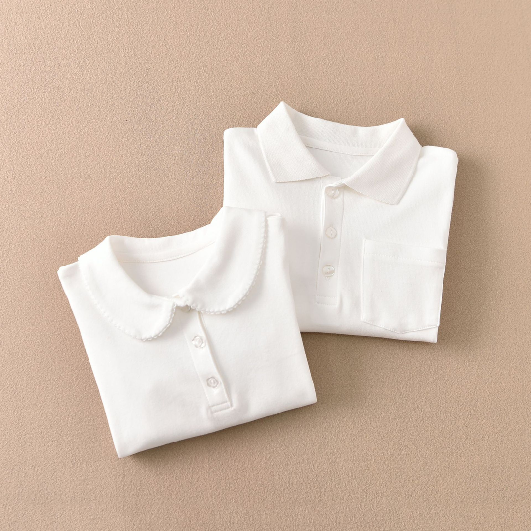 Japanese solid color pure cotton children's white T-shirt long-sleeved shirt bottoming shirt for men and women baby lapel children's clothing tops spring and autumn