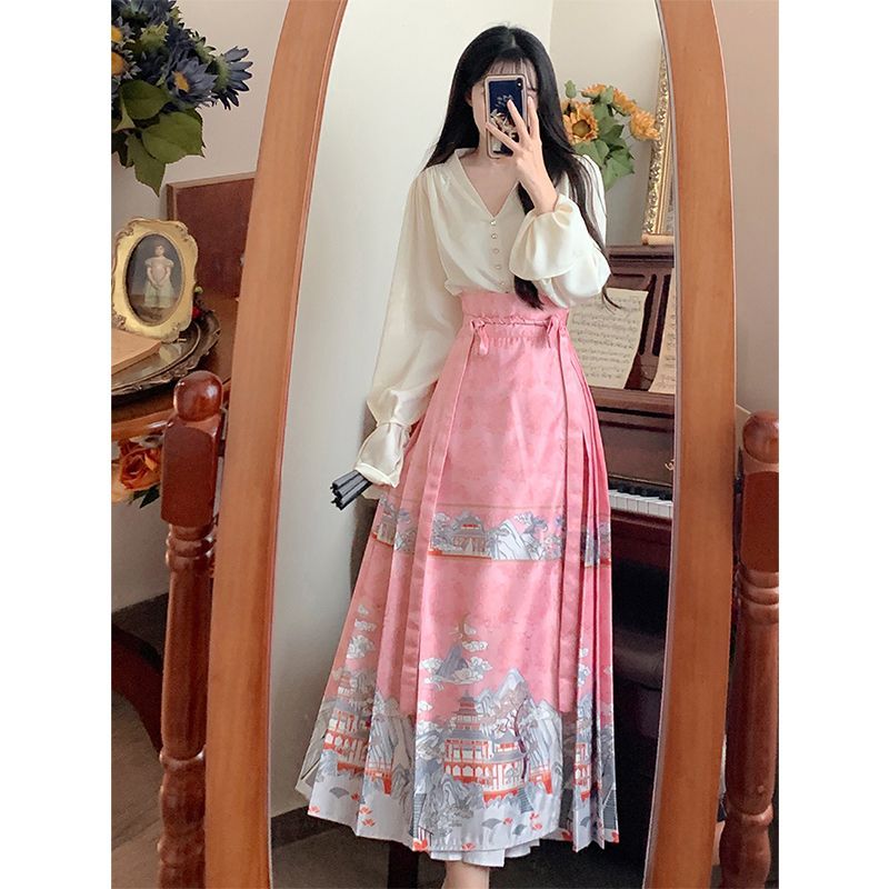 Super Fairy Pink New Chinese Style National Style Two-piece Set for Women 2024 Spring and Summer New Horse Face Skirt Print Design Hanfu Suit