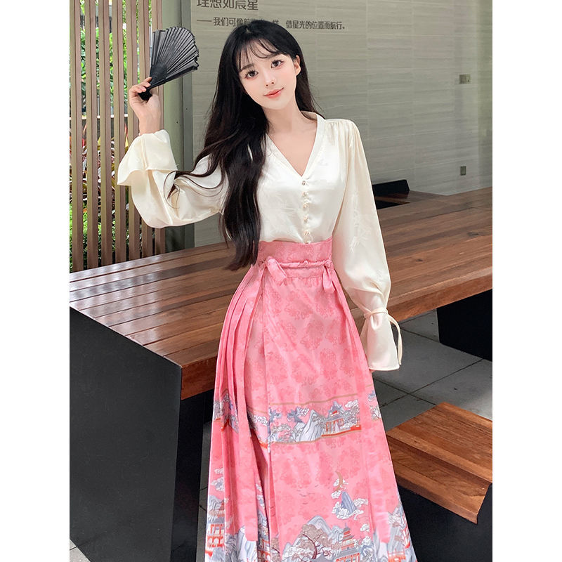 Super Fairy Pink New Chinese Style National Style Two-piece Set for Women 2024 Spring and Summer New Horse Face Skirt Print Design Hanfu Suit