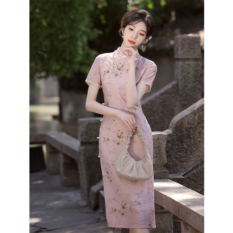 粉色旗袍新款女夏季改良日常少女年轻款高端气质小个子复古连衣裙