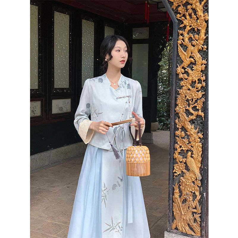 [Qinyuanchun] Improved new Chinese style Tang suit, fresh gray blue, lazy style, fashionable spring and summer two-piece set