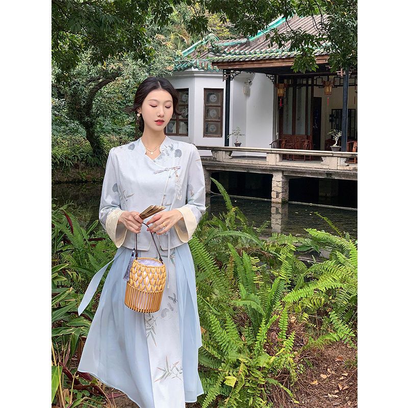 [Qinyuanchun] Improved new Chinese style Tang suit, fresh gray blue, lazy style, fashionable spring and summer two-piece set